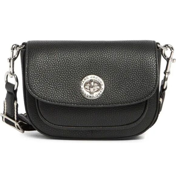 New Marc Jacobs Signet Turn Lock Leather Saddle Bag Crossbody in Black - Picture 1 of 11